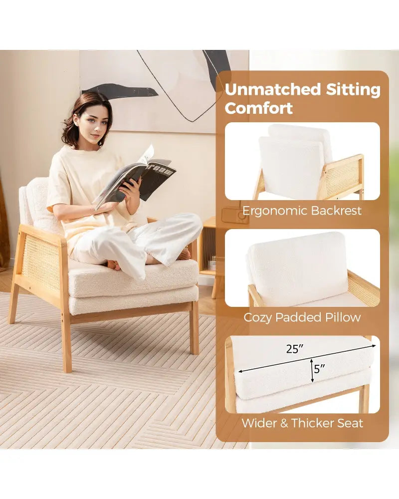 Mid Century Modern Accent Chair with Rattan Arms and Cushion-Natural - Natural - Accent Chairs