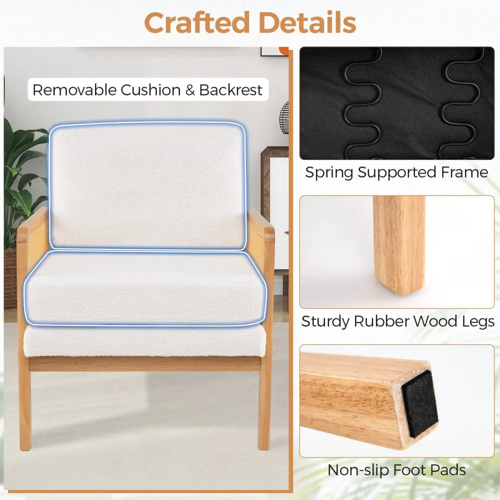 Mid Century Modern Accent Chair with Rattan Arms and Cushion-Natural - Natural - Accent Chairs