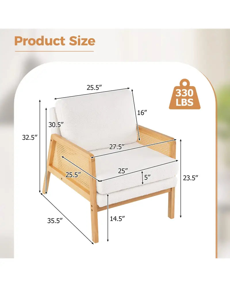 Mid Century Modern Accent Chair with Rattan Arms and Cushion-Natural - Natural - Accent Chairs