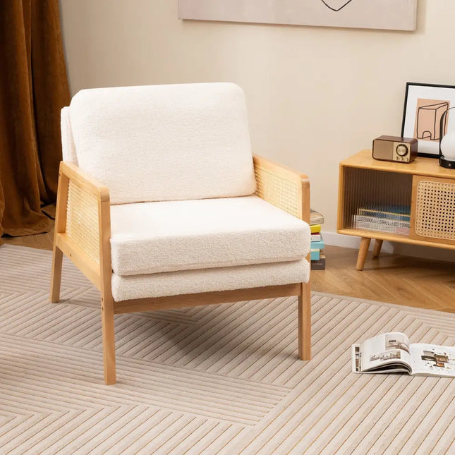 Mid Century Modern Accent Chair with Rattan Arms and Cushion-Natural - Natural - Accent Chairs