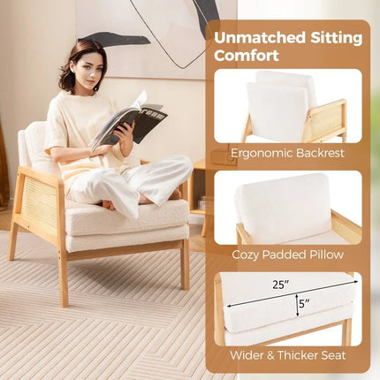 Mid Century Modern Accent Chair with Rattan Arms and Cushion-Natural - Natural - Accent Chairs