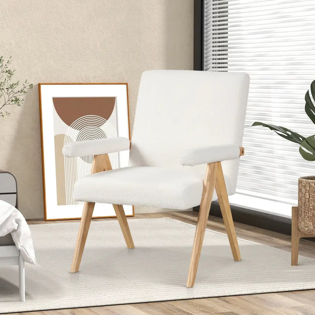 Mid Century Modern Accent Chair with Rubber Wood Frame and Padded Armrests-White - White - Accent Chairs