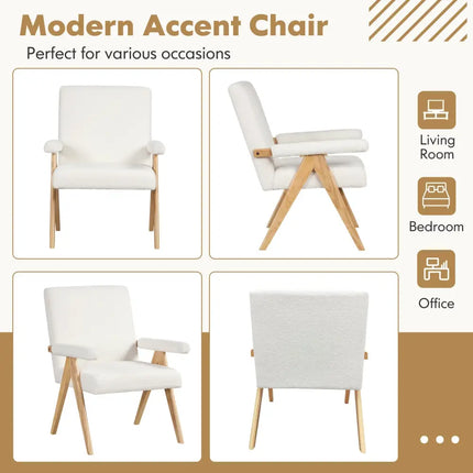 Mid Century Modern Accent Chair with Rubber Wood Frame and Padded Armrests-White - White - Accent Chairs