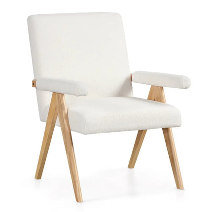 Mid Century Modern Accent Chair with Rubber Wood Frame and Padded Armrests-White - White - Accent Chairs