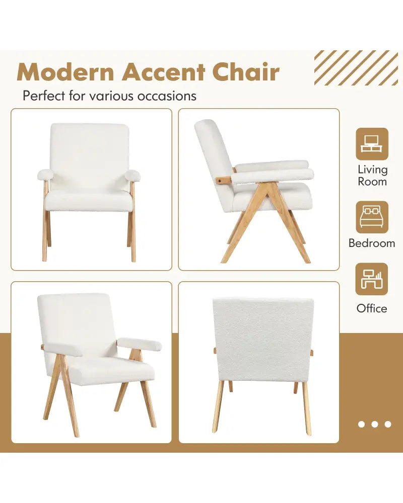 Mid Century Modern Accent Chair with Rubber Wood Frame and Padded Armrests-White - White - Accent Chairs