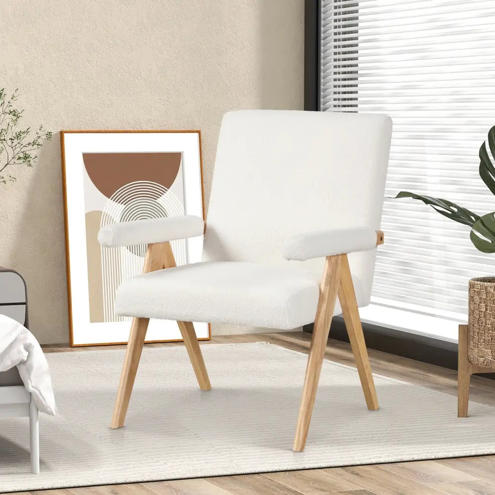 Mid Century Modern Accent Chair with Rubber Wood Frame and Padded Armrests-White - White - Accent Chairs