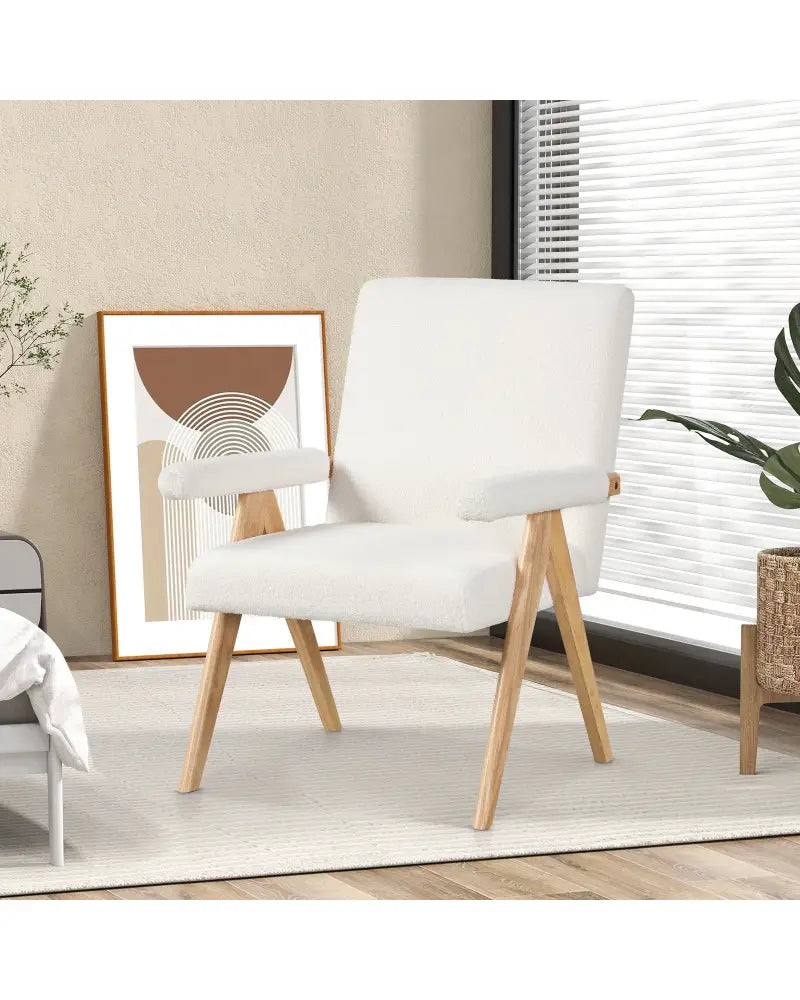 Mid Century Modern Accent Chair with Rubber Wood Frame and Padded Armrests-White - White - Accent Chairs