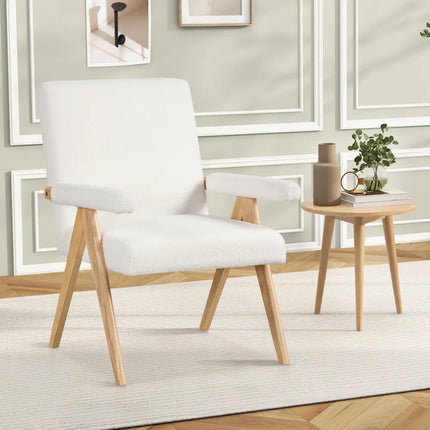Mid Century Modern Accent Chair with Rubber Wood Frame and Padded Armrests-White - White - Accent Chairs
