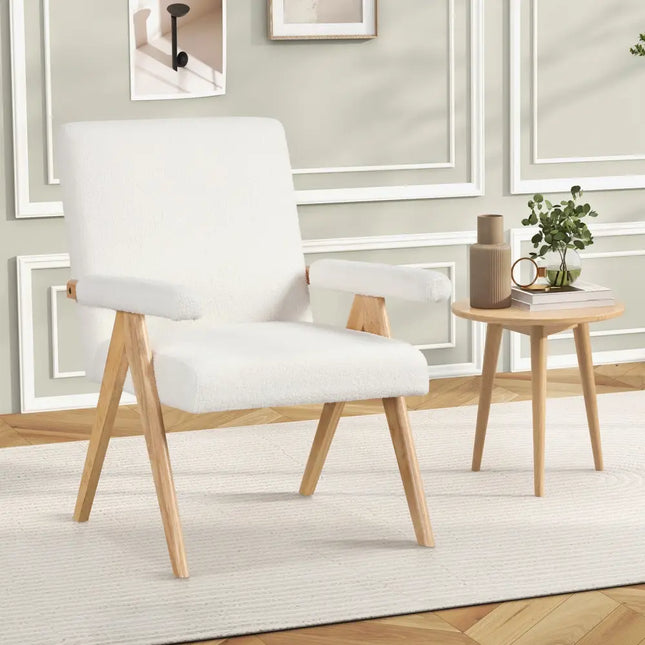 Mid Century Modern Accent Chair with Rubber Wood Frame and Padded Armrests-White - White - Accent Chairs