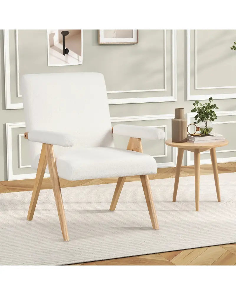 Mid Century Modern Accent Chair with Rubber Wood Frame and Padded Armrests-White - White - Accent Chairs
