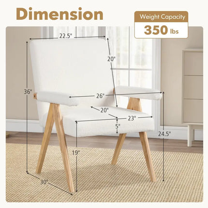 Mid Century Modern Accent Chair with Rubber Wood Frame and Padded Armrests-White - White - Accent Chairs