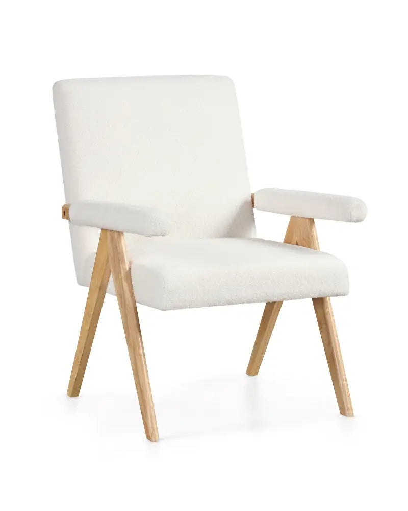 Mid Century Modern Accent Chair with Rubber Wood Frame and Padded Armrests-White - White - Accent Chairs