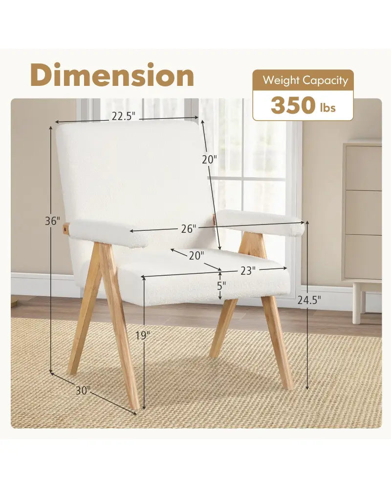 Mid Century Modern Accent Chair with Rubber Wood Frame and Padded Armrests-White - White - Accent Chairs