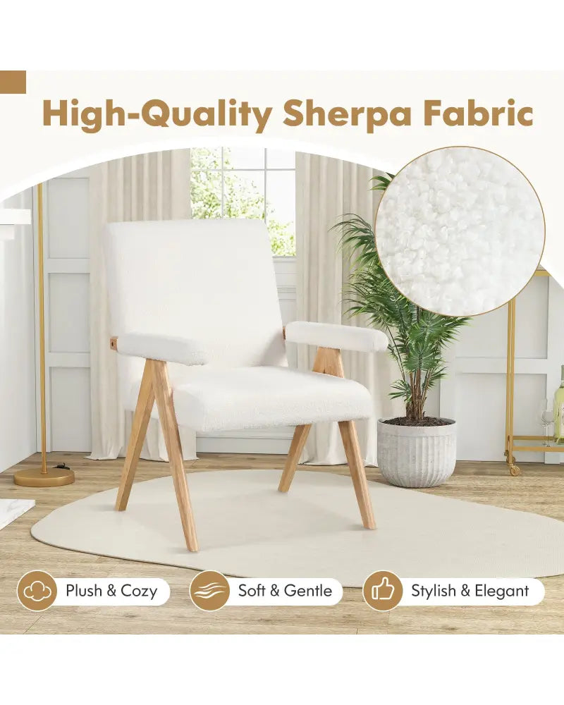 Mid Century Modern Accent Chair with Rubber Wood Frame and Padded Armrests-White - White - Accent Chairs