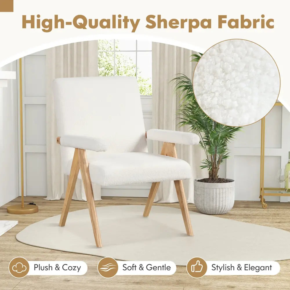 Mid Century Modern Accent Chair with Rubber Wood Frame and Padded Armrests-White - White - Accent Chairs