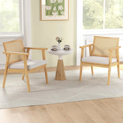 Mid Century Modern Accent Chairs Set of 2 with Breathable Rattan Back-Natural - Natural - Accent Chairs