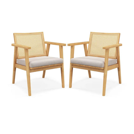 Mid Century Modern Accent Chairs Set of 2 with Breathable Rattan Back-Natural - Natural - Accent Chairs