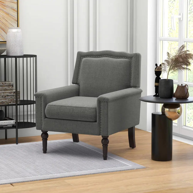 Mid-century Modern Armchair Linen Fabric Upholstered Accent Chair with Cushion-Gray - Gray - Accent Chairs