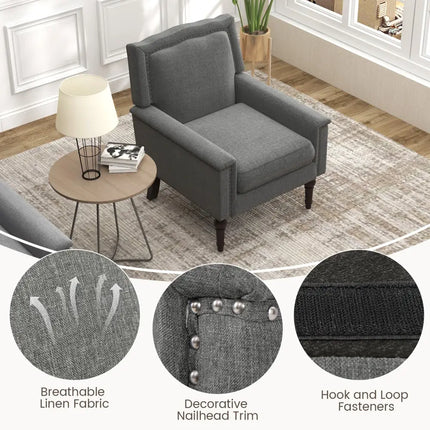 Mid-century Modern Armchair Linen Fabric Upholstered Accent Chair with Cushion-Gray - Gray - Accent Chairs