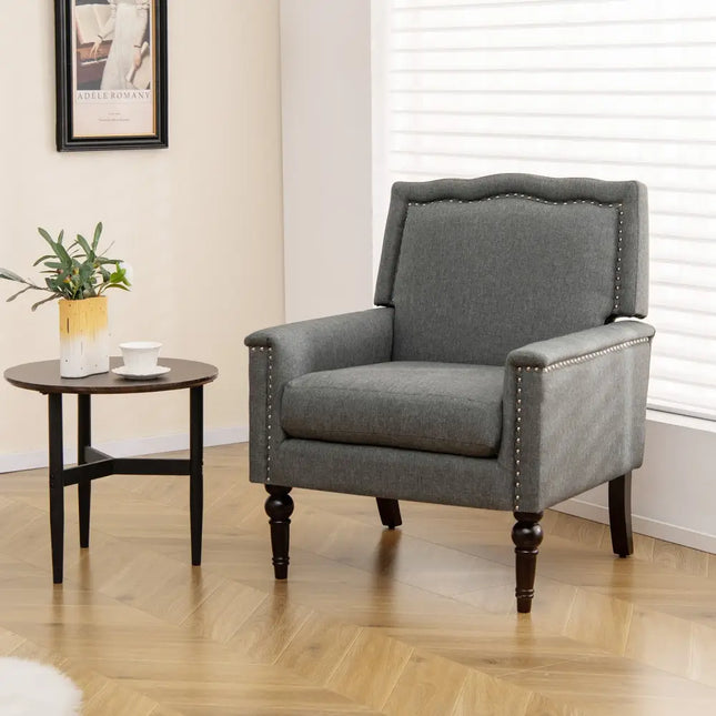 Mid-century Modern Armchair Linen Fabric Upholstered Accent Chair with Cushion-Gray - Gray - Accent Chairs