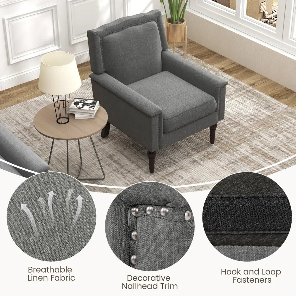 Mid-century Modern Armchair Linen Fabric Upholstered Accent Chair with Cushion-Gray - Gray - Accent Chairs