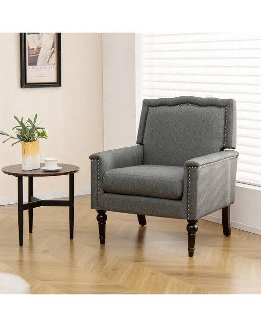 Mid-century Modern Armchair Linen Fabric Upholstered Accent Chair with Cushion-Gray - Gray - Accent Chairs