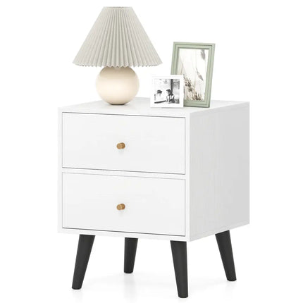 Mid Century Modern Bedside Table Nightstand with Golden Knobs and Raised Support Legs-White - Black - Nightstands