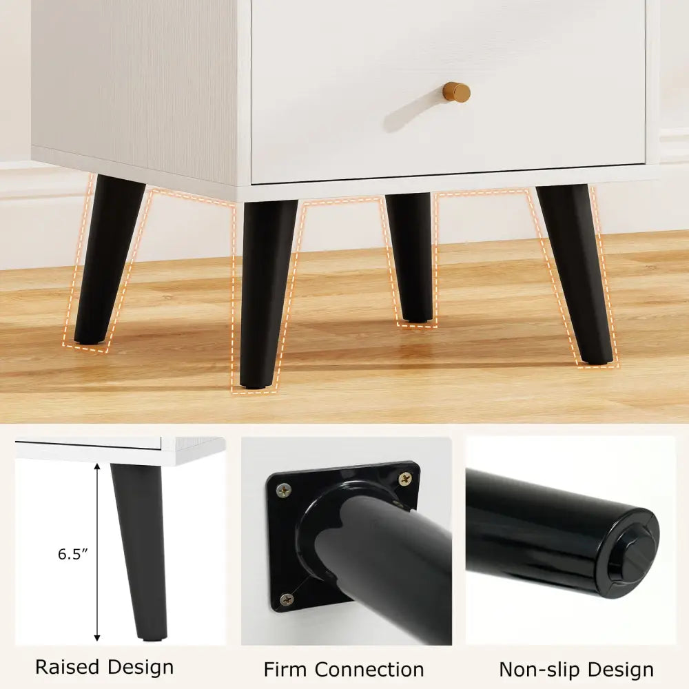 Mid Century Modern Bedside Table Nightstand with Golden Knobs and Raised Support Legs-White - Black - Nightstands