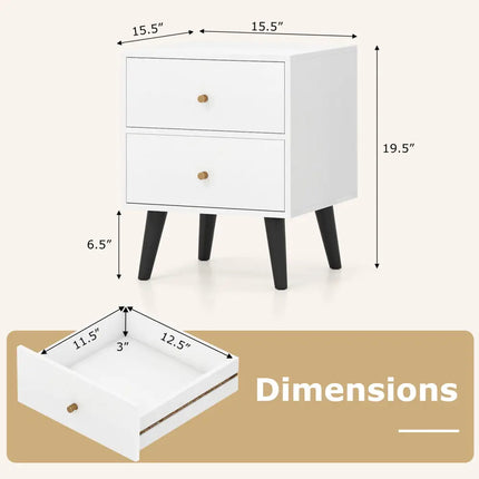 Mid Century Modern Bedside Table Nightstand with Golden Knobs and Raised Support Legs-White - Black - Nightstands