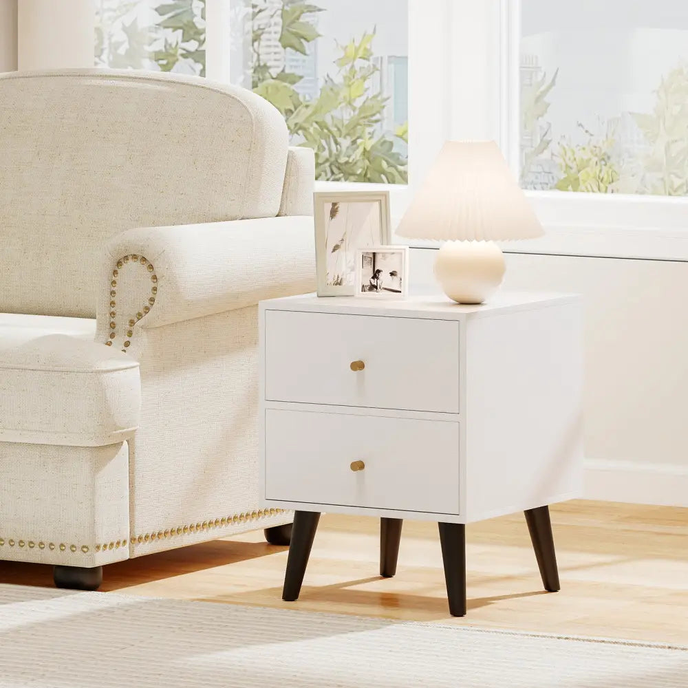 Mid Century Modern Bedside Table Nightstand with Golden Knobs and Raised Support Legs-White - Black - Nightstands