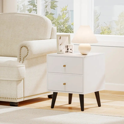 Mid Century Modern Bedside Table Nightstand with Golden Knobs and Raised Support Legs-White - Black - Nightstands