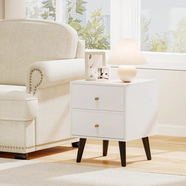 Mid Century Modern Bedside Table Nightstand with Golden Knobs and Raised Support Legs-White - Black - Nightstands