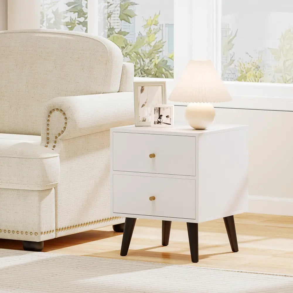 Mid Century Modern Bedside Table Nightstand with Golden Knobs and Raised Support Legs-White - Black - Nightstands