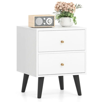 Mid Century Modern Bedside Table Nightstand with Golden Knobs and Raised Support Legs-White - Black - Nightstands