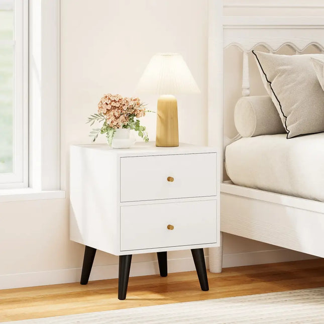 Mid Century Modern Bedside Table Nightstand with Golden Knobs and Raised Support Legs-White - Black - Nightstands