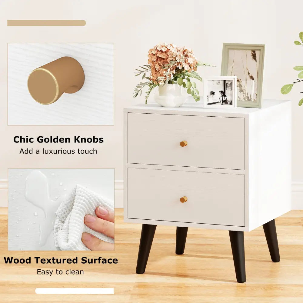 Mid Century Modern Bedside Table Nightstand with Golden Knobs and Raised Support Legs-White - Black - Nightstands