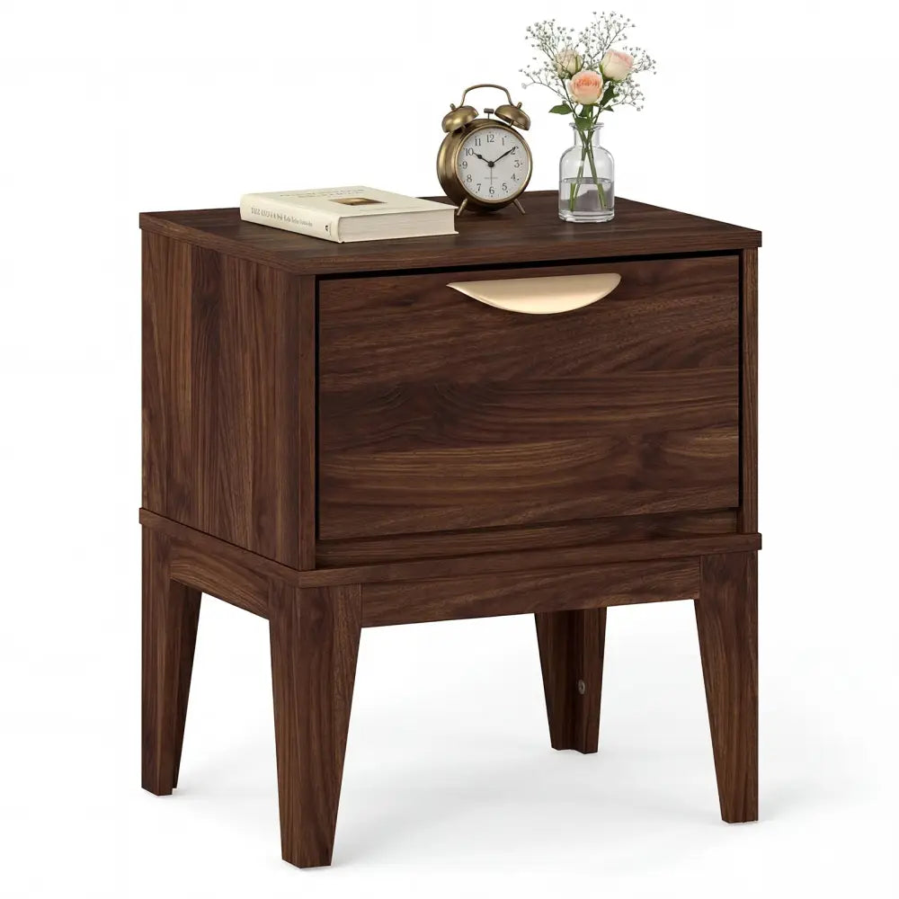 Mid Century Modern Bedside Table with Drawer and Tapered Support Feet for Bedroom-Walnut - Walnut - Nightstands