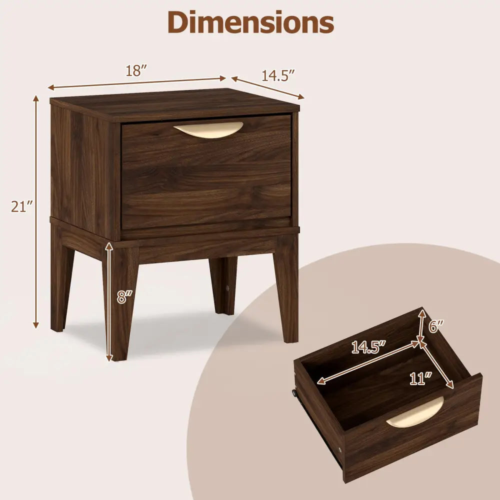 Mid Century Modern Bedside Table with Drawer and Tapered Support Feet for Bedroom-Walnut - Walnut - Nightstands