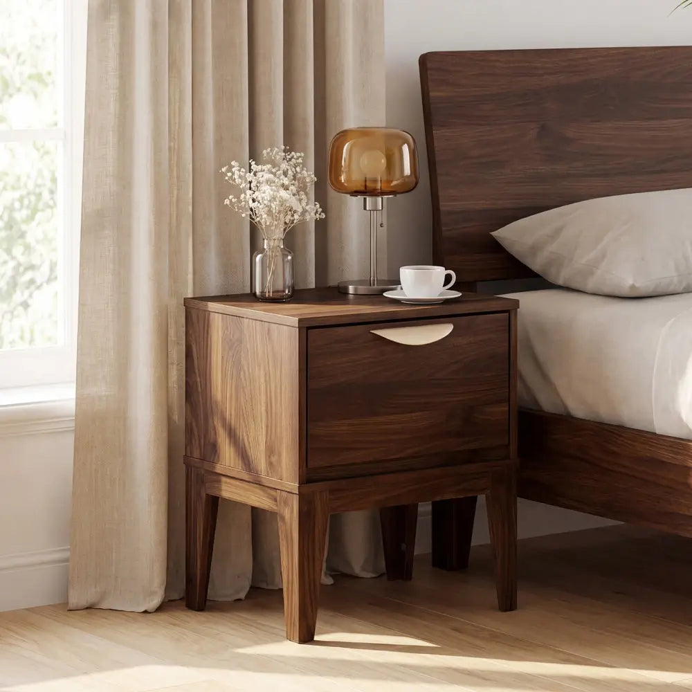 Mid Century Modern Bedside Table with Drawer and Tapered Support Feet for Bedroom-Walnut - Walnut - Nightstands