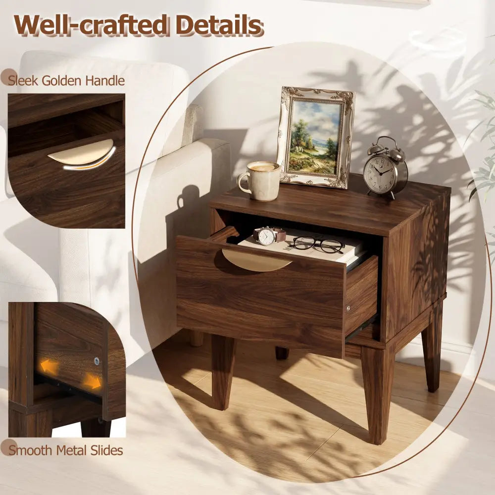 Mid Century Modern Bedside Table with Drawer and Tapered Support Feet for Bedroom-Walnut - Walnut - Nightstands