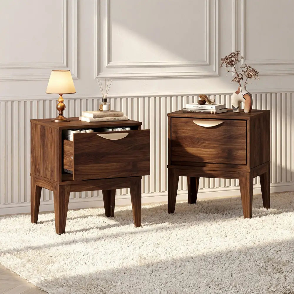 Mid Century Modern Bedside Table with Drawer and Tapered Support Feet for Bedroom-Walnut - Walnut - Nightstands
