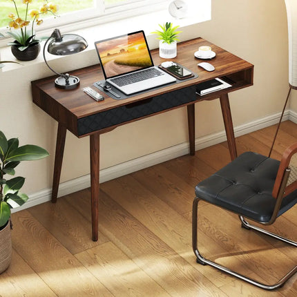Mid-Century Modern Computer Desk with Drawer and Open Compartment-Brown - Brown - Computer Desks