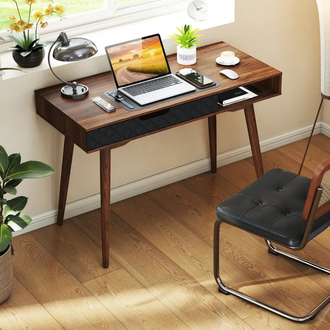 Mid-Century Modern Computer Desk with Drawer and Open Compartment-Brown - Brown - Computer Desks