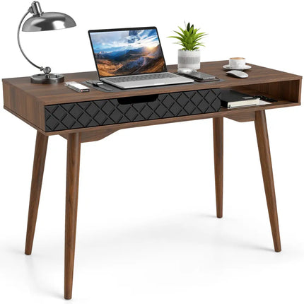 Mid-Century Modern Computer Desk with Drawer and Open Compartment-Brown - Brown - Computer Desks