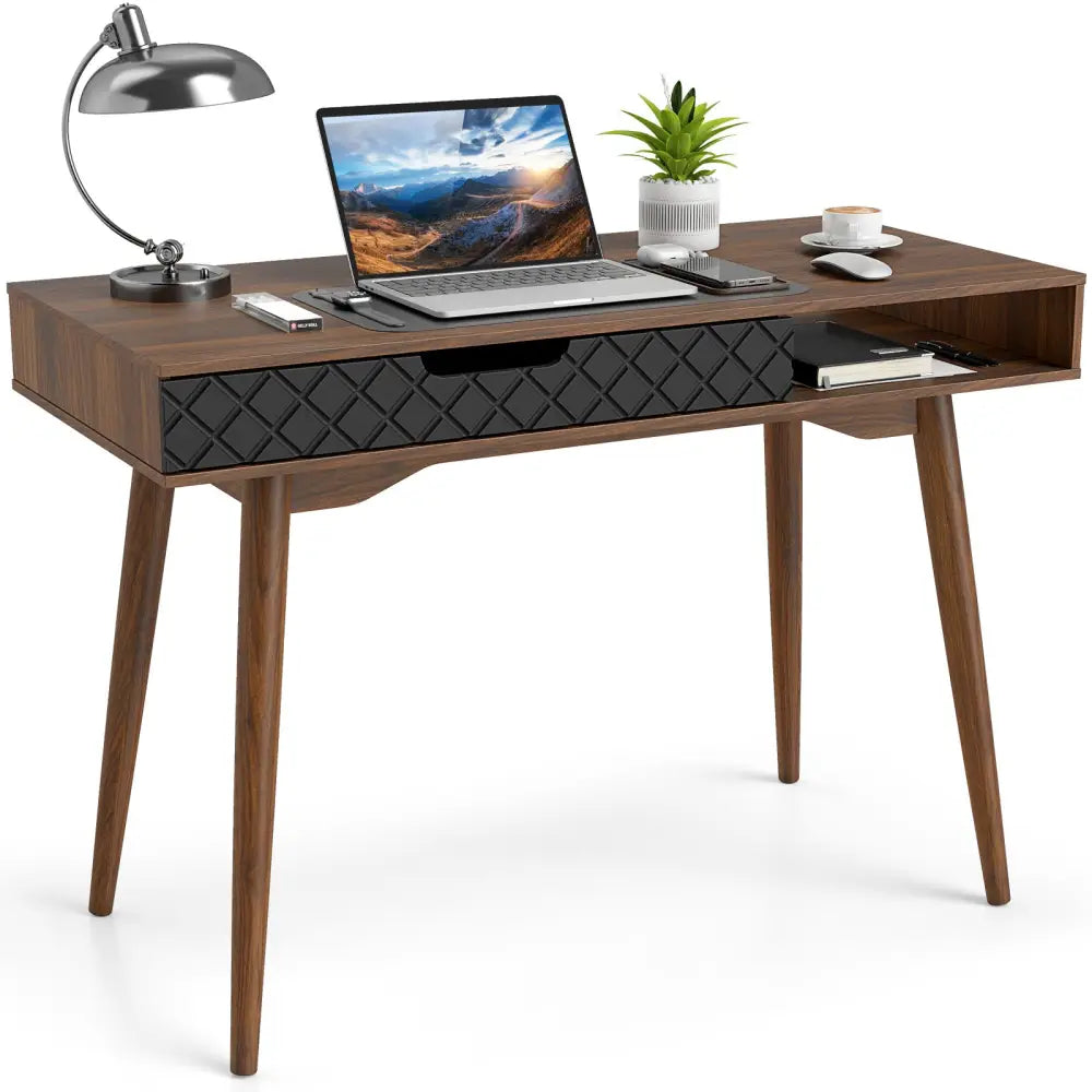 Mid-Century Modern Computer Desk with Drawer and Open Compartment-Brown - Brown - Computer Desks