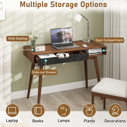Mid-Century Modern Computer Desk with Drawer and Open Compartment-Brown - Brown - Computer Desks