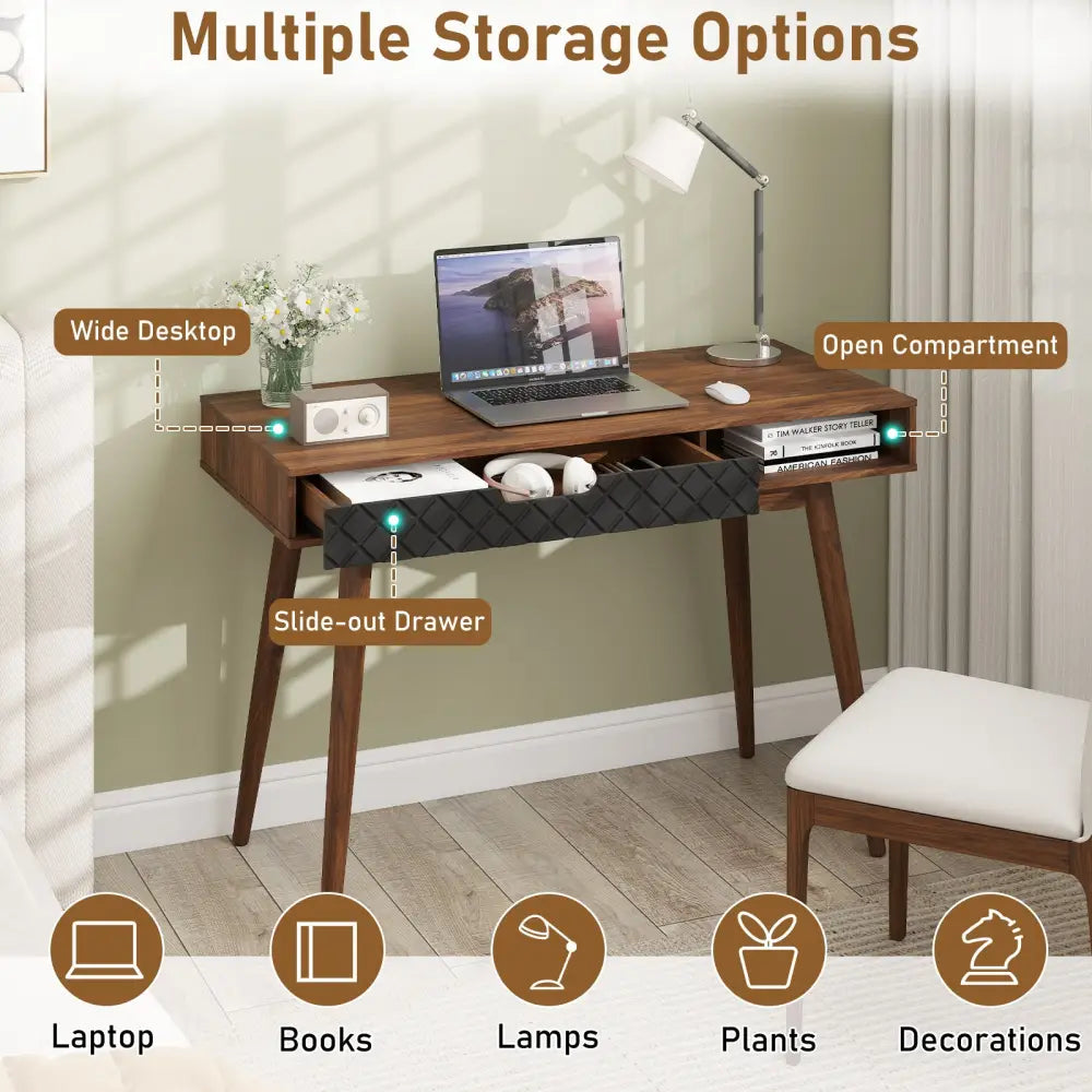Mid-Century Modern Computer Desk with Drawer and Open Compartment-Brown - Brown - Computer Desks
