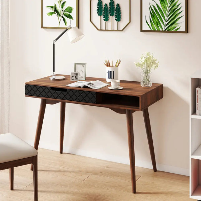 Mid-Century Modern Computer Desk with Drawer and Open Compartment-Brown - Brown - Computer Desks