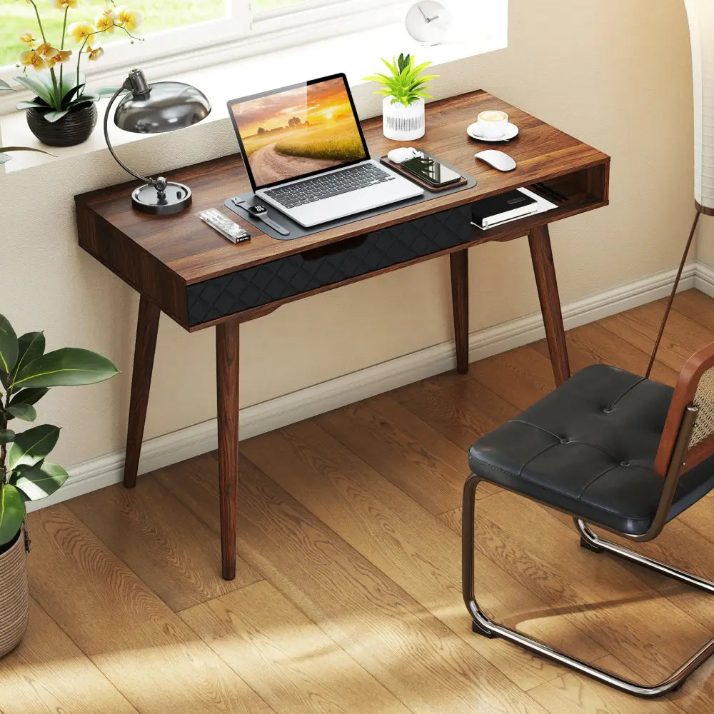 Mid-Century Modern Computer Desk with Drawer and Open Compartment-Brown - Brown - Computer Desks