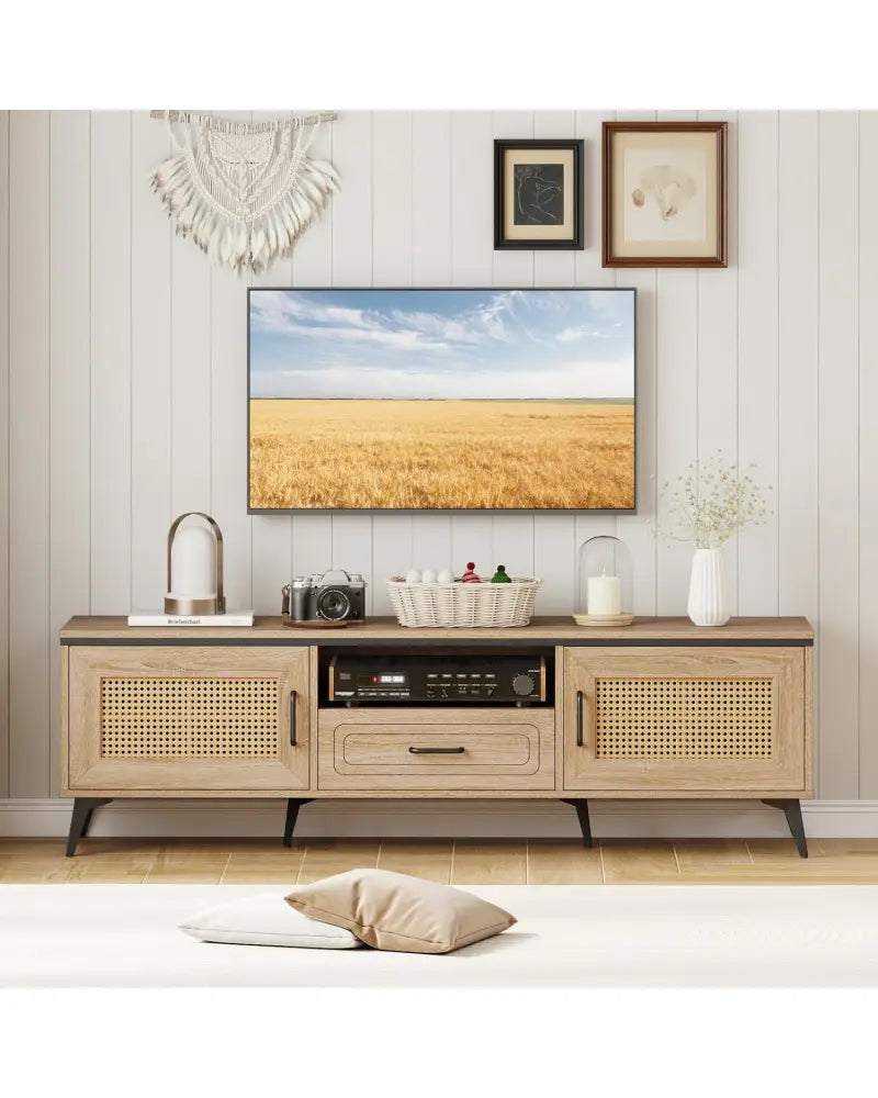 Mid Century Modern Entertainment Center with 2 Cabinets and Storage Drawer-Oak - Oak - Entertainment Centers & TV Stands